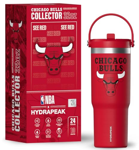 Hydrapeak x NBA Officially Licensed Chicago Bulls 32oz Nomad Stainless Steel Tumbler with Handle and Straw Lid, Leakproof Water Bottle in Limited Edition Collector's Gift Box