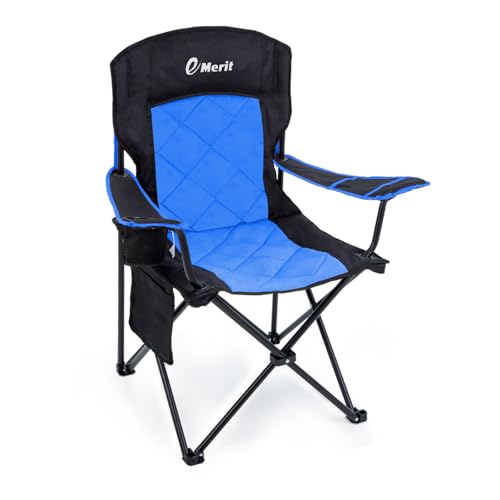 EMERIT Oversized Padded Camping Chair, 350LB Heavy Duty Quad Fold Chair with Arms, Collapsible Outdoor Chairs with Lumbar Back & Cup Holder