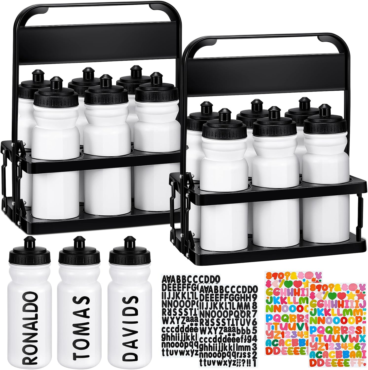 Suclain 14 Pcs Water Bottle Carrier with 20 Oz Bottles and Stickers Plastic Wide Mouth Sports Water Bottle Squeeze Team Bottles with Black Lid for Fitness Bike Gym (White)