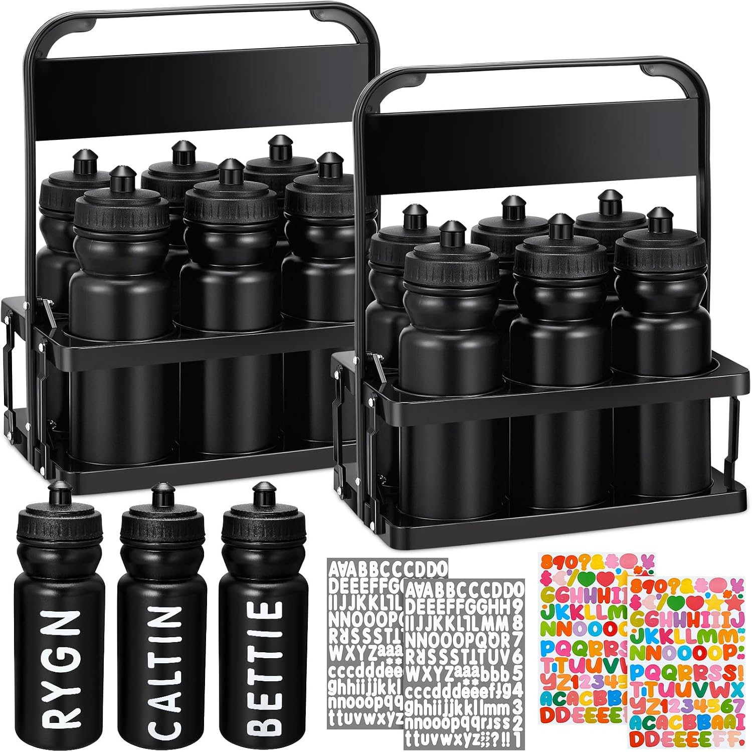 Suclain 14 Pcs Water Bottle Carrier with 20 Oz Bottles and Stickers Plastic Wide Mouth Sports Water Bottle Squeeze Team Bottles with Black Lid for Fitness Bike Gym (Black)