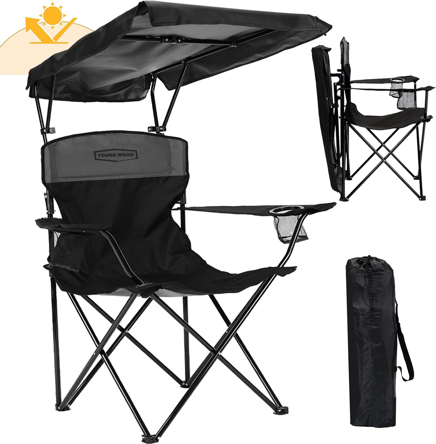 YOUNG WOOD Portable Camping Chair Beach Chair with Shade Canopy, Fold Lightweight Oversized for All, Easy to Open and Close Without Installation, Side Pocket Design for All Outdoor Activities,Black