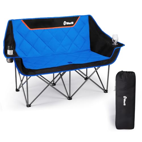 EMERIT Double Camping Chair Oversized Padded for Adults, Heavy Duty Folding Loveseat for Outdoor, Camping, Beach, Lawn, Concert 650LB