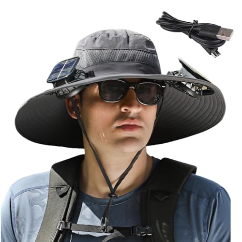 Solar Fan Hat, Wide Brim Sun Hat with 2 Solar Fan, Hat with Solar Fans Built in, Fishing Hat with Fan for Men, Waterproof Outdoor Hiking Camping Fishing Hat Grey