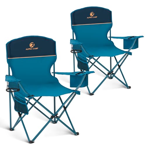 ALPHA CAMP Camping Chair 2 Pack Portable Chair with 3-Can Cooler Folding Chair with Side Pocket and Cup Holder, Collapsible for Camping, Tailgates, Beach, Fishing and Sports,2PC
