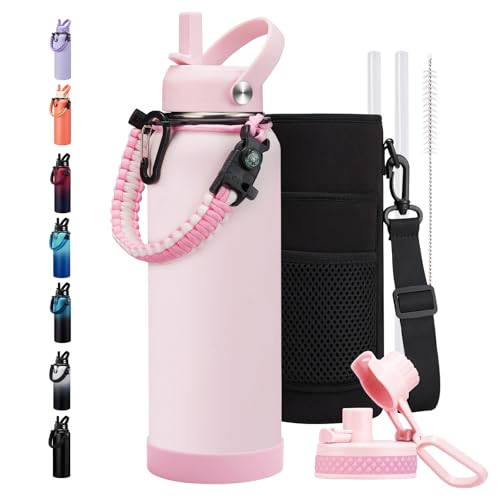 40oz Insulated Water Bottle Metal Water Flask Stainless Steel Keep Cold 48Hrs & Hot 24 Hrs, Pink Water Jug with Strap for Women Sports Gym Workout School Running with Straw & Auto Spout Lid