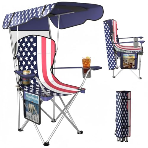 Portable Folding Camping Chairs with Canopy Shade, Beach Chair for Adults, Durable Weather Resistant 600D Oxford Cloth, Camping Chair with Canopy for Outdoors [Flag]