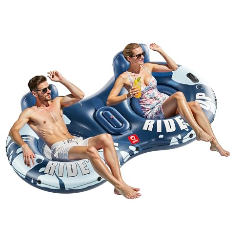 QPAU Inflatable Double River Tube, 2 Person 660lb Capacity, Puncture-Resistant 93" Sturdy Heavy Duty River Float, River Raft with Ergonomic Backrest, Cooler & Cup Holders for Family