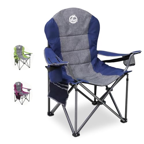 Oversized Portable Camping Chair, Full Padded Outdoor Folding Chair Support 350 LBS, Heavy Duty Lawn Chair with Cup Holder, Cooler Bag, Lumbar Support, Head Pocket for Adult-Blue