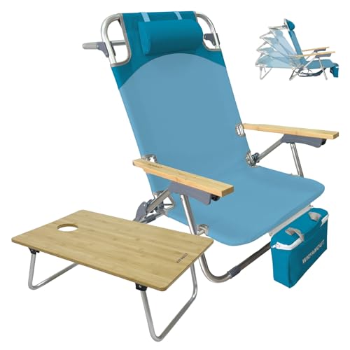 Folding Backpack Beach Chair Aluminum 5-Position with Samll Camping Table Bamboo Lay Flat Lounge Chair Outdoor for Adults with Insulated Cooler Bag
