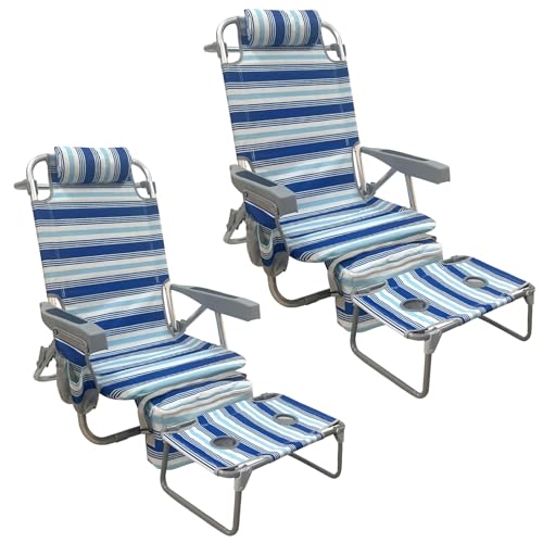 Backpack Beach Chair Aluminum 2 Pack with Folding Camping Table 5-Position Lay Flat Lounge Chair Outdoor for Adults with Insulated Cooler Bag and Cup Holder