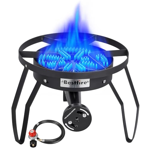 Bestfire 16" Single Propane Burner Camping Stove with 4 Feet High Pressure 0-20 PSI Gas Burner Adjustable Hose 200,000 BTU for Frying, Camping, Home Brewing and Turkey Frying