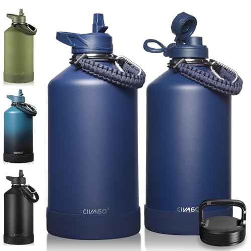 CIVAGO Gallon Insulated Water Bottle Jug with Straw, 128 oz Large Stainless Steel Water Flask, Big Metal Thermal Mug with 3 Lids for Sports, Travel, Gym, and Camping, Navy Blue