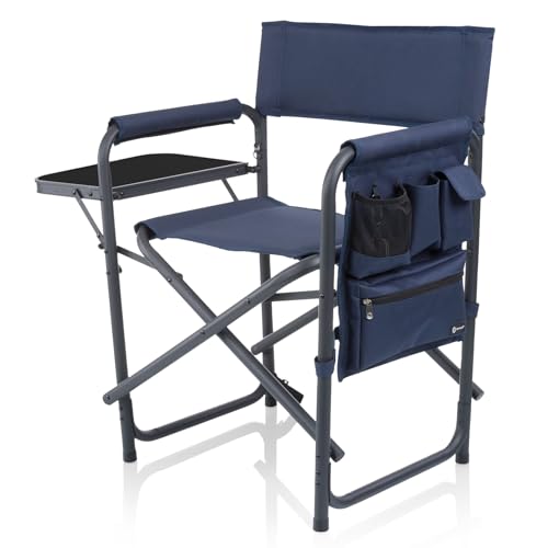 PICNIC TIME Sports Chair with Side Table, Outdoor Foldable Padded Adult Camping Chairs with Cup and Accessory Panel for Lawn, Beach, & Sports Use for Adults, up to 300-lbs Capacity, (Navy Blue)