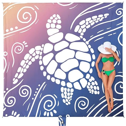 WEKAPO Beach Blanket Waterproof Sandproof Oversized Extra Large Sand Free Beach Mat with Stakes, Storage Bag - Essentials for Outdoor Beach, Picnic (Deep Blue Sea Turtle, 11 X 9 FT (1~10 Person))