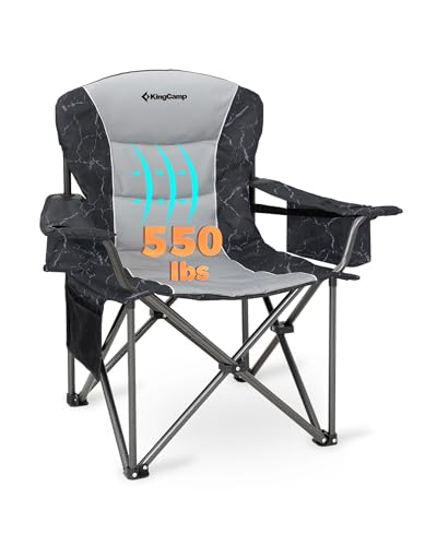 KingCamp Oversized Camping Folding Chair, Heavy Duty 450 LBS with Lumbar Support, Padded seat with Cup Holder&Cooler Bag, Ideal for Camp, Fishing, Sports Event, Backyard, Patio, Lawn (Lava Grey)