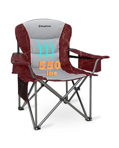 KingCamp Oversized Camping Folding Chair, Heavy Duty 450 LBS with Lumbar Support, Padded seat with Cup Holder&Cooler Bag, Ideal for Camp, Fishing, Sports Event, Backyard, Patio, Lawn(Lava Red)