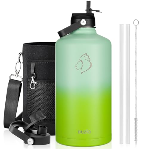 BUZIO 128oz Gallon Water Bottle, Insulated Water Jug with Straw Lid and Carrying Sleeve (Cold for 48 Hrs) Stainless Steel Hydro Metal Canteen Water Flask, Gradient Green