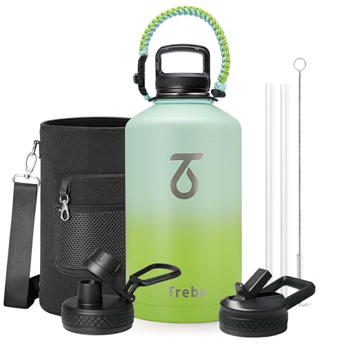 Trebo One Gallon Water Bottle Insulated with Paracord Handle,128oz Stainless Steel Sports Large Jug,Food-grade Double Wall Vacuum with Straw Spout Handle Lids, Leakproof Keep Cold & Hot, Dark Green