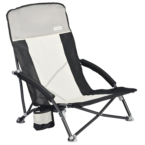 SUNNYFEEL Low Folding Beach Chair for Adults, Portable Lightweight Sling Beach Camping Chairs with Cup Holder, Armrest,Foldable Camp Lawn Chair for Outdoor Sand Concert Travel Sport Events,300LBS