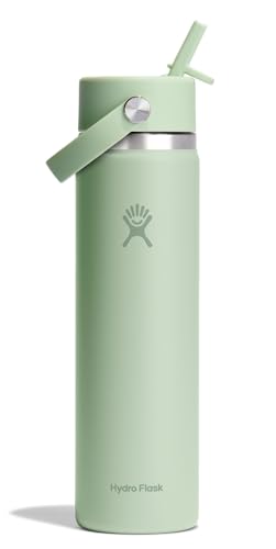 Hydro Flask Water Bottle - Insulated Stainless Steel - Wide Mouth Flex Straw Lid, Non Spill, Leakproof and Refillable in 24 Oz Aloe Green