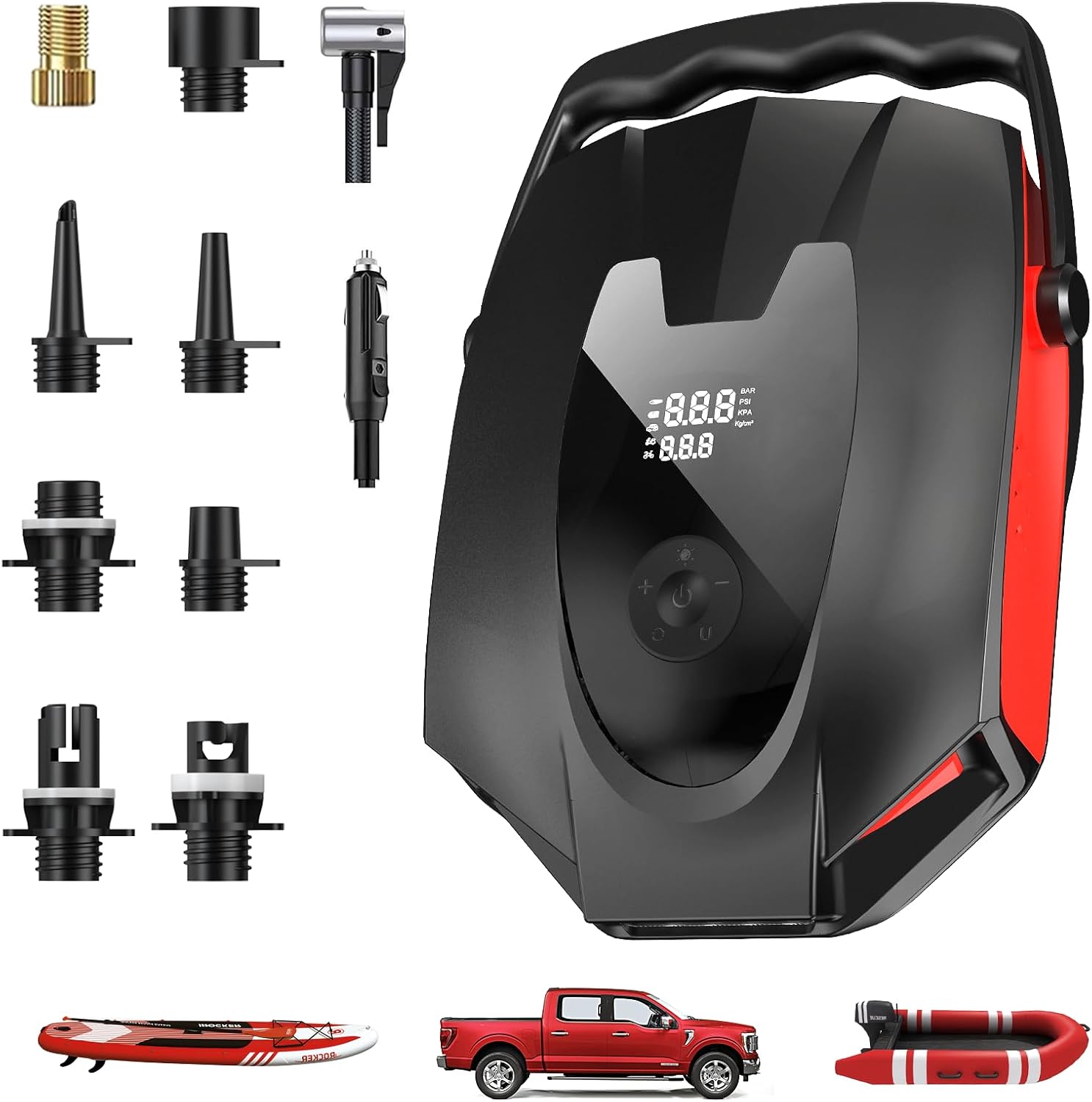 50PSI Paddle Board Pump, Portable Electric SUP Pump with Auto-Shutoff & Cooling Fan  Smart Inflation for Paddle Board, 9 Nozzles, HD LCD Display, 12V DC