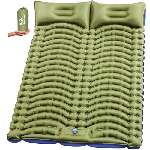 Double Sleeping Pad for Camping - Ultralight Camping Mattress with Pillow, Built-in Foot Pump, Compact Inflatable 2-Person Portable Mat for Backpacking, Hiking, Car Traveling, Beach, Tent