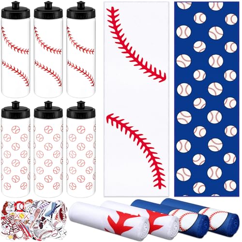 24 Pcs Baseball Water Bottle Baseball Cooling Towel Set with 50 Sticker Sports Party Favors Include 6 Reusable Sports Squeeze Water Bottle 6 Ice Towel Breathable Fast Drying for Team Gifts
