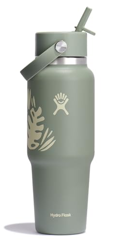 Hydro Flask Travel Water Bottle - Insulated Stainless Steel - Wide Straw Lid, Non Spill, Leakproof in 32 Oz Botanical Bliss Green