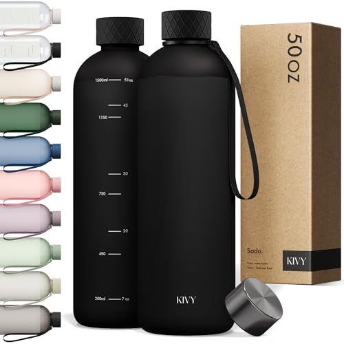 KIVY Large Water Bottle 50oz [Lightweight & Shatterproof] Fits Backpack & Cupholder for Travel, Sports, School - Black water bottle no straw - 1.5 Liter water bottles - 50oz Water bottle