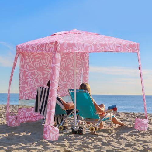 AMMSUN Beach Cabana, 6.2'6.2' Beach Canopy, Easy Set up and Take Down, Cabana Tent with Sand Pockets, Instant Sun Shade with Side Wall, Pink Leaf