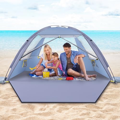 Happy Travel Beach Tent Sun Shelter for 3/4/5/6/7/8 Person, Portable UPF 50+ UV Protection Beach Shade Canopy for Family & Baby, Lightweight & Easy Setup Beach Cabana with 3 Ventilation Mesh Windows