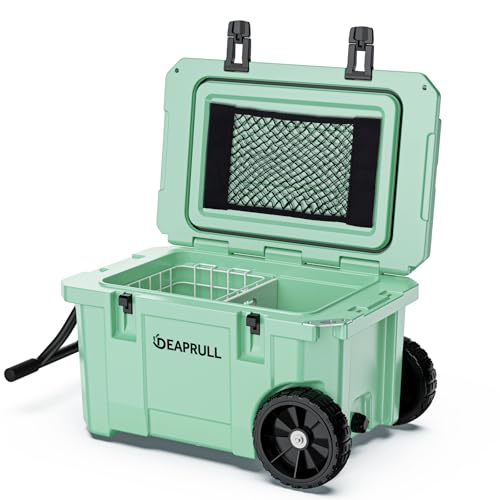55 Quart Cooler with Wheels, Ice Chests Portable Camping Cooler Holds Ice up to 6 Days, Leak-Proof Outdoor Insulated Cooler with Handle, Cup Holders, Hard Cooler for Camping, Beach, Boat
