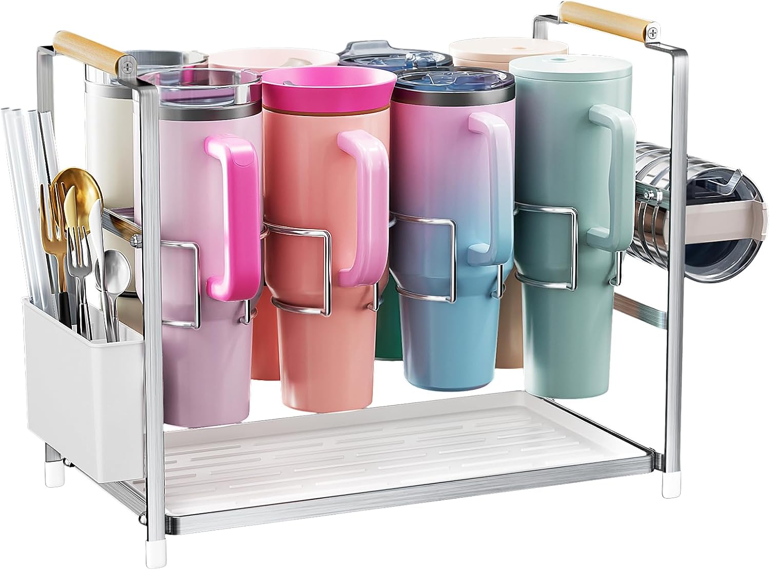 Water Bottle Organizer Drying Rack for 40 oz Tumbler with Handle, Multifunctional Cup Storage Holder Compatible with Stanley, Owala, Simple Modern and Other Brands, Silver(Patented)