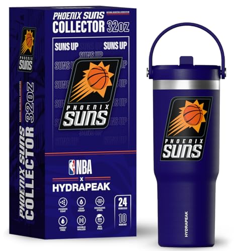 Hydrapeak x NBA Officially Licensed Phoenix Suns 32oz Nomad Stainless Steel Tumbler with Handle and Straw Lid, Leakproof Water Bottle in Limited Edition Collector's Gift Box