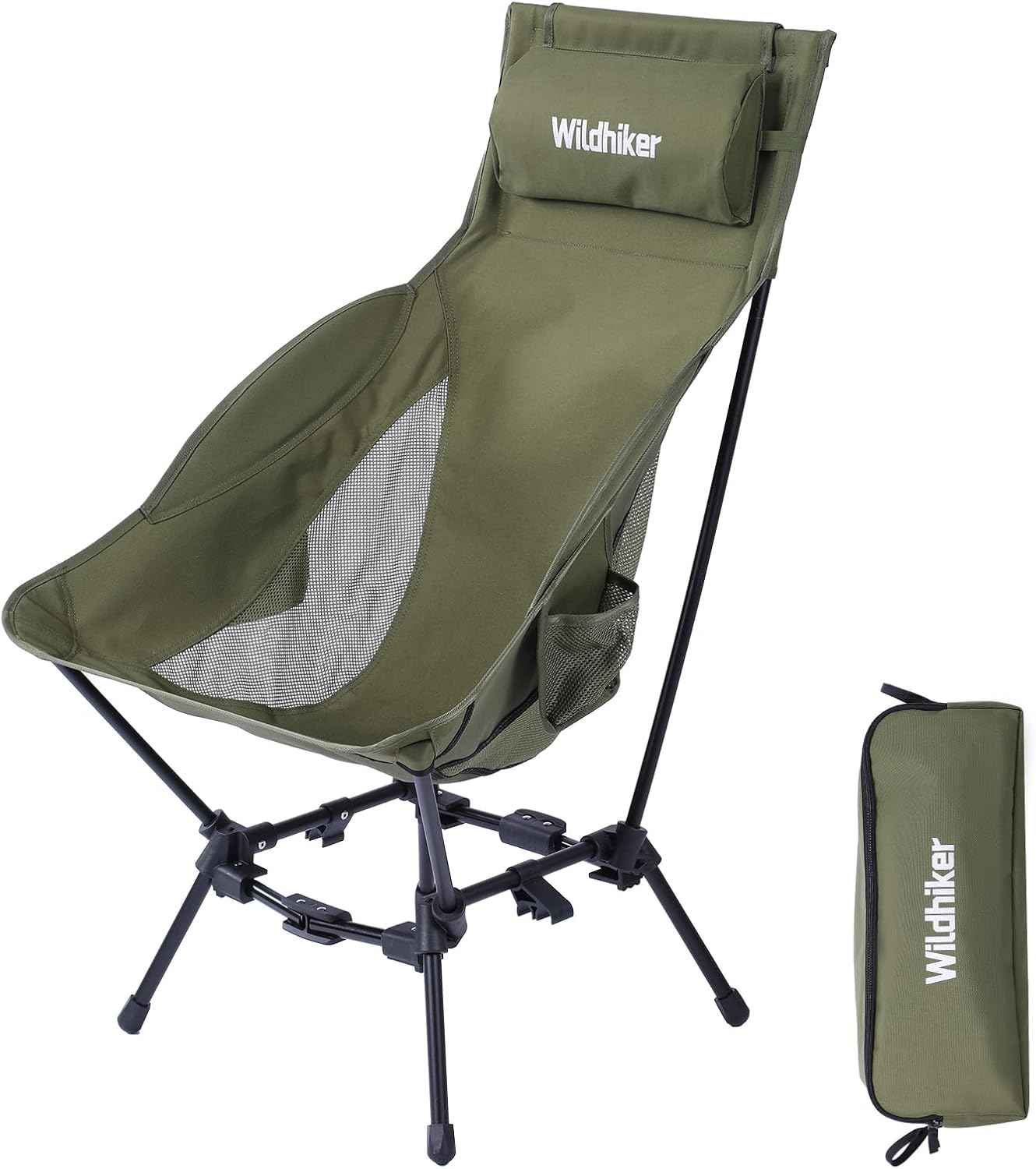 Wildhiker Portable High Back Folding Camping Chairs  Compact with Dual Sitting Modes, Pillow, Arm Pads and Side Pockets  Lightweight Chair for Motorcycle, RV, Festival, Travel  Green