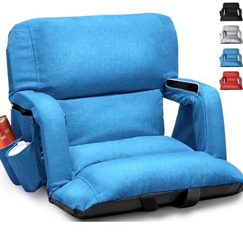 Wide Stadium Seats with Back Support, Exclusive Sofa Style Design Extra Thick Bleacher Chairs with Back and Cushion, 6 Reclining Positions - Ultimate Comfort for Sports Events (Blue, 25")