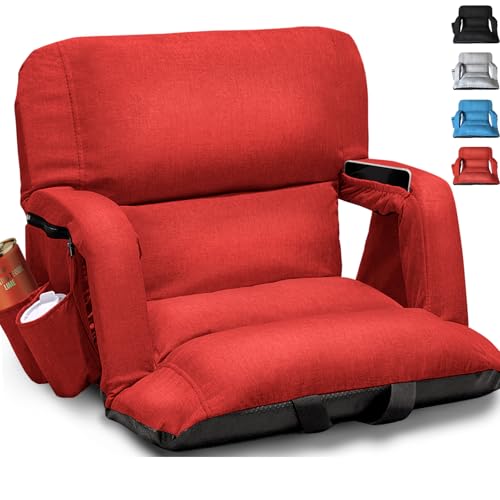 Wide Stadium Seats with Back Support, Exclusive Sofa Style Design Extra Thick Bleacher Chairs with Back and Cushion, 6 Reclining Positions - Ultimate Comfort for Sports Events (Red, 25")