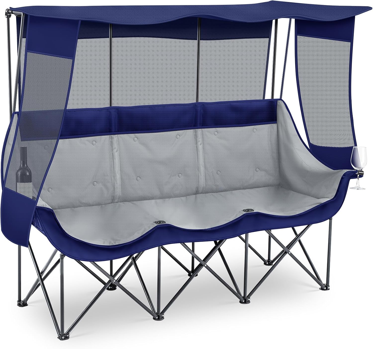 Oversized 3 Person Camping Chair with Canopy Shade Fully Padded Folding Camping Beach Lawn Chair for Summer Fall Outdoor Activities, Sturdy Loveseat with Cup Holder and Carry Bag(Blue)