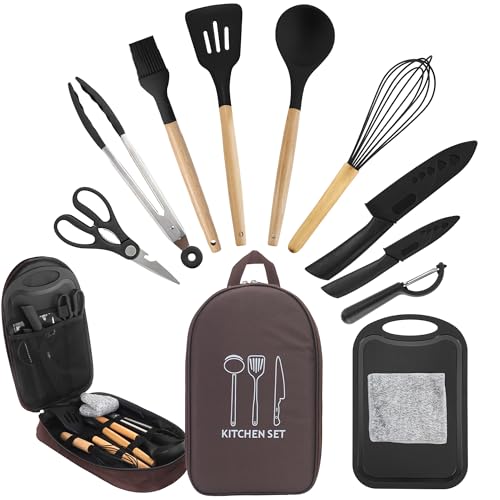 Camping Accessories Kitchen Cooking Utensils Set - Portable Outdoor Camp Cookware Set, Silicone Camper Essentials Gear Must Have Supplies for Travel RV BBQ Grill Picnic Hiking