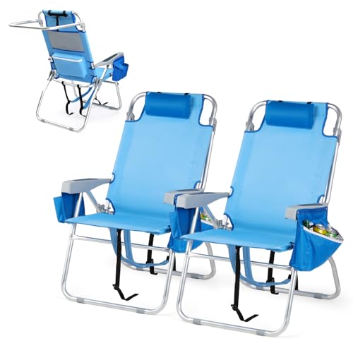 VINGLI Tall Beach Chair 2 Pack Lightweight, Backpack Beach Chair for Adults with 5-Position, Cooler Bag, Cup Holders, Towel Bar, Folding Beach Camping Chairs(16-Blue)