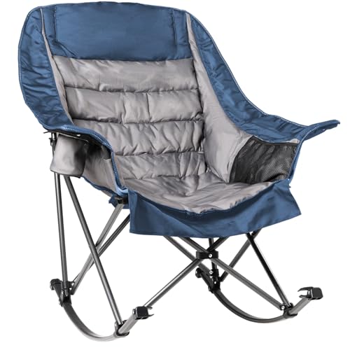 Oversized Rocking Camping Chair for Adults - 400lbs Capacity Padded Camp Chair with Cup Holder, Portable Foldable Outdoor Rocker Chair for Camping, Backyard, Patio (Blue & Gray)