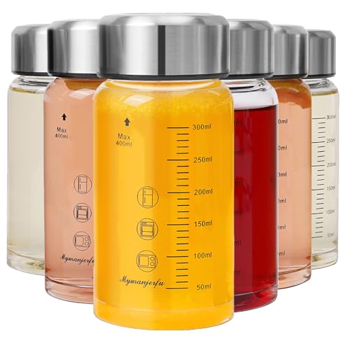 Glass Juice Bottles 6 Pack 12 oz - Wide Mouth Glass Water Bottles with Lids - for Juicing, Smoothies, Milk, Protein, BPA Free, Reusable, Stainless Steel Lids, Leak Proof, Shaker bottle (12oz/400ml)