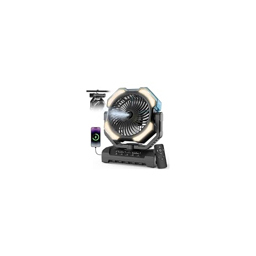 Camping Misting Fan - 30000mAh Portable Battery Powered Fans with 9oz Water Tank, Light, Hook - Rechargeable, 120H Cooling, Last 5H Mist, 4 Speed, Sleep Mode - Outdoor Fan for Travel, Patios, Fishing