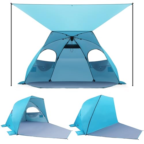 Elegear Beach Tent with Canopy, 1-Second Setup Pop Up Sun Shelter Shade, UPF 50+ UV Protection Silver-Coated Lightweight Portable Beach Cabana