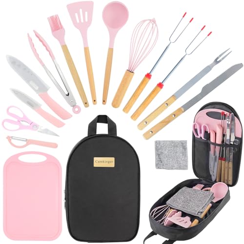 Camping Accessories Kitchen Cooking Utensils Set - Portable Outdoor Camp Cookware Set, Silicone Camper Essentials Gear Must Have Supplies for Travel RV BBQ Grill Picnic Hiking