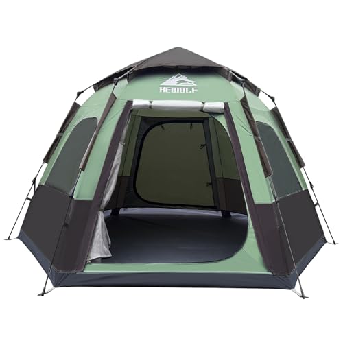 Hewolf 2/3/4 Person Camping Tent - Instant Pop Up Waterproof 2 Doors Tent with Easy Setup | 3-Season Hexagonal Dome Design for Family, Hiking & Traveling