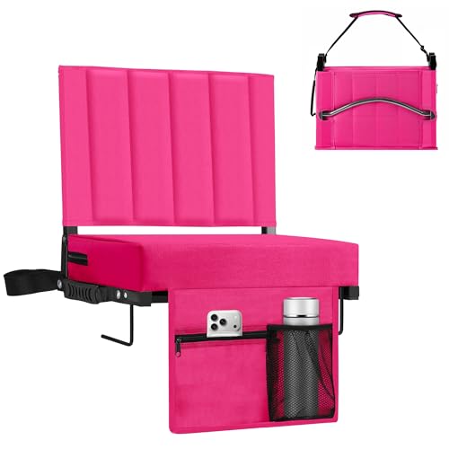Stadium Seat for Bleachers with Back Support, Portable Bleacher Seat with Wide Comfy Padded Cushion, Metal Hook, Folding Stadium Chair with Shoulder Strap, Carry Handle, Cup Holder