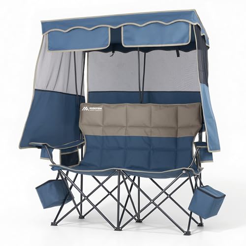 Double Beach Chair With Canopy Shade Camping Chair With Canopy Oversized Camping Chair With Removable Roof Folding Loveseat Chair With Two Cup Holders and Cooler Bag For Camping,Beach, Fishing