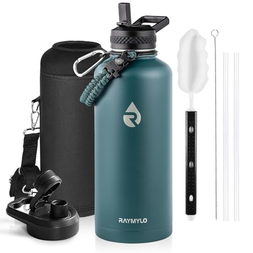 Insulated Water Bottle 87 oz, Triple Wall Vacuum Stainless Steel (Cold for 48 Hrs), Leak Proof & Non-BPA, Modern Water Flask Jug with Paracord Handle & Straw Spout Lids, Dark Green