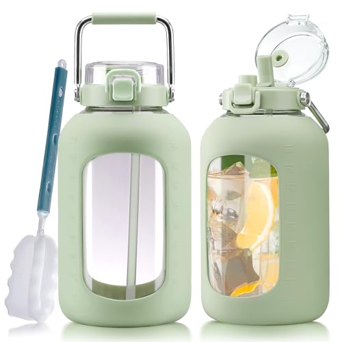 Large Glass Water Bottles with Stainless Steel Handle,100 oz Gallon Drinking Bottle with 2-in-1 Straw Lid,3 Liter Glass Water Jug with Silicone Sleeve,Wide Mouth,Light Green